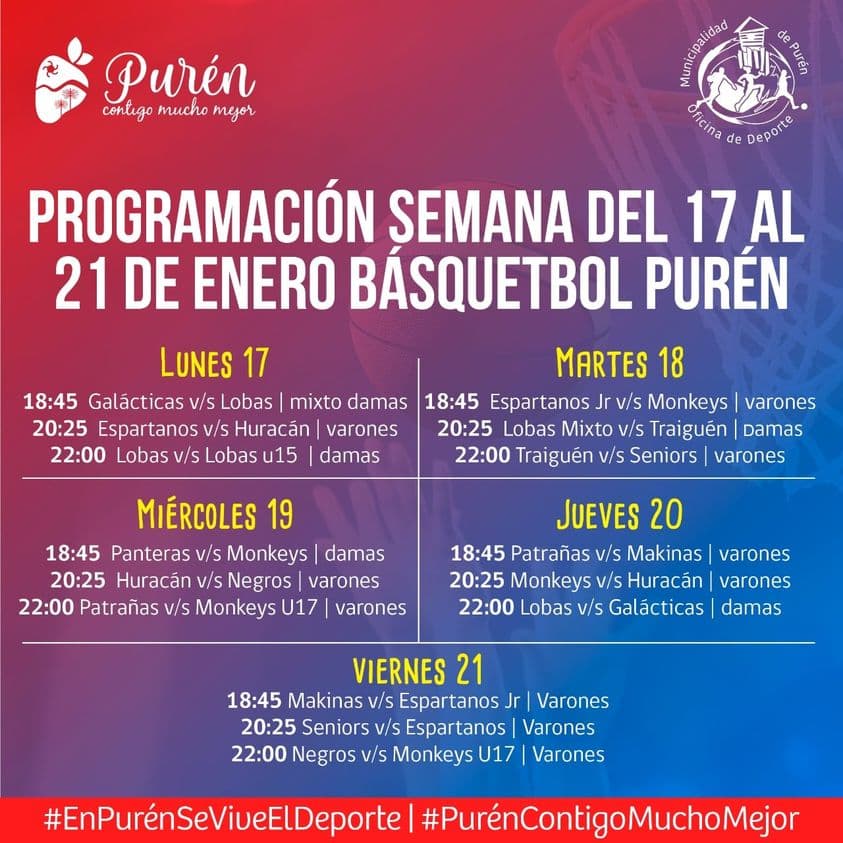 17 AL 21 DE ENERO: PROGRAMA CAMPEONATO DE BÁSQUETBOL VERANO PURÉN 2022